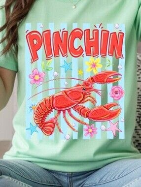 Gildan Mint Green Graphic Tee with Red Lobster "Pinchin"